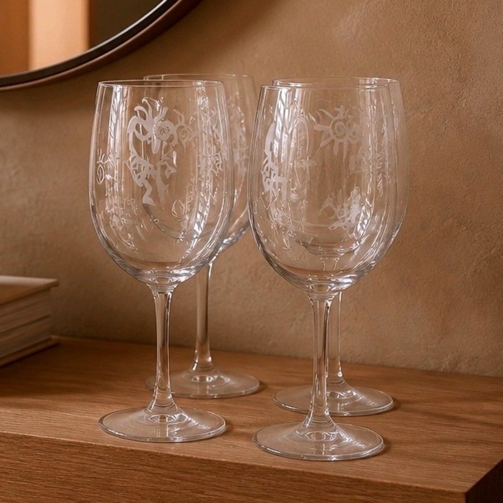 Set 4 Kokopelli Etched Wine Glasses Frosted Southwestern Sun Flute Player Clear
